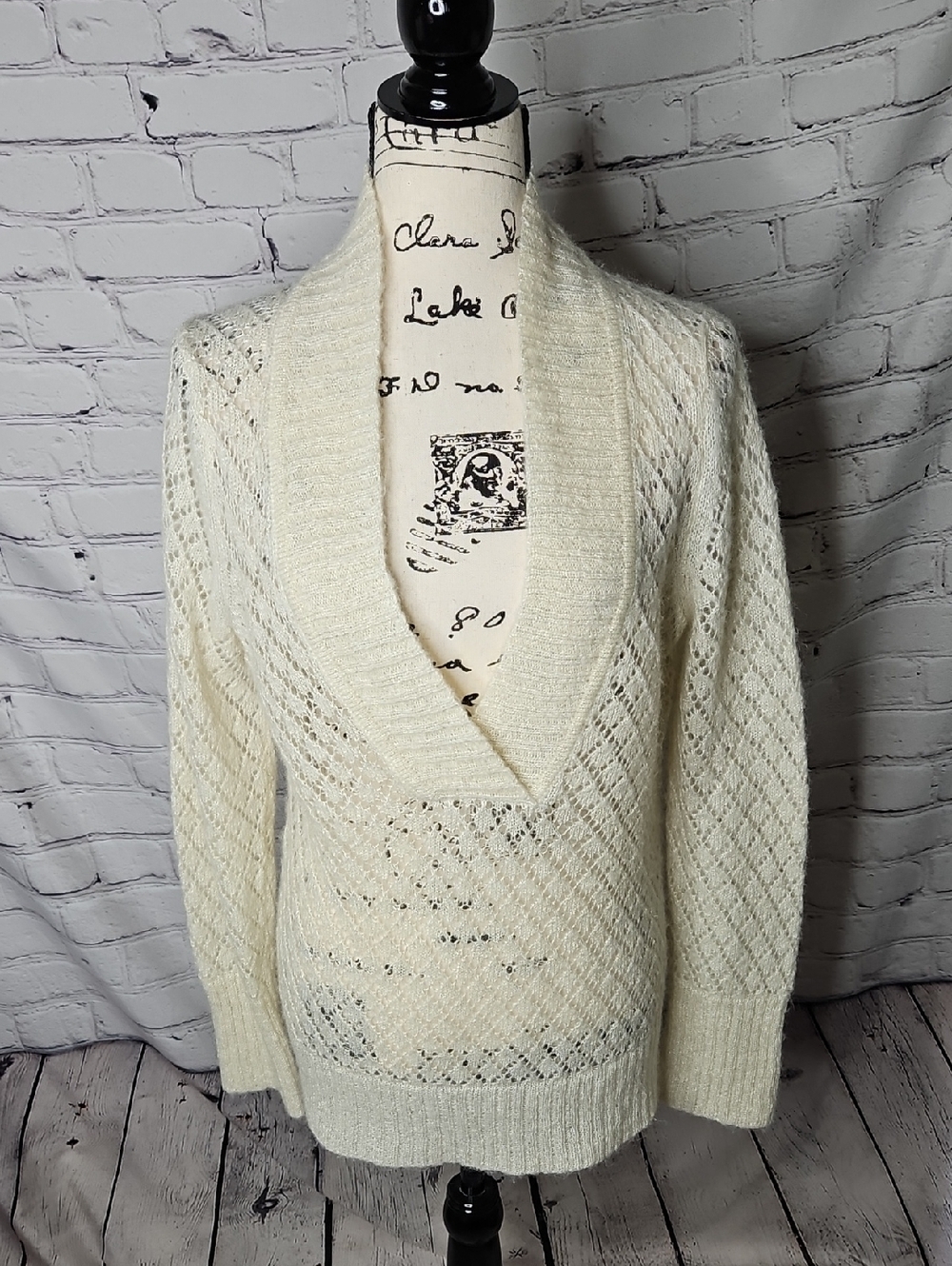 Ann Taylor LOFT Cream Open-Knit Shawl Collar Sweater Wool/Mohair Blend Sz Large